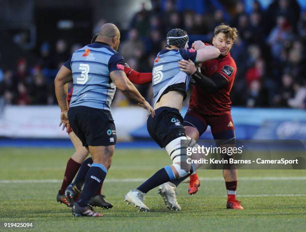 Cardiff Blues' Seb Davies is tackled by Munsters Chris Cloete during the Guinness Pro14 Round 15 match between Cardiff Blues and Munster Rugby at...