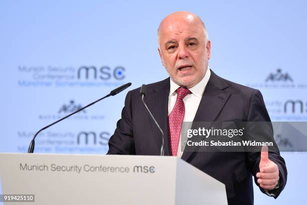 Haider Al-Abadi, Prime Minister of Iraq delivers a speech at the 2018 Munich Security Conference on February 17, 2018 in Munich, Germany. The annual...