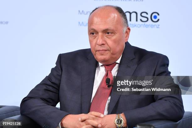 Egyptian Foreign Minister Sameh Shoukry participates in a panel talk at the 2018 Munich Security Conference on February 17, 2018 in Munich, Germany....