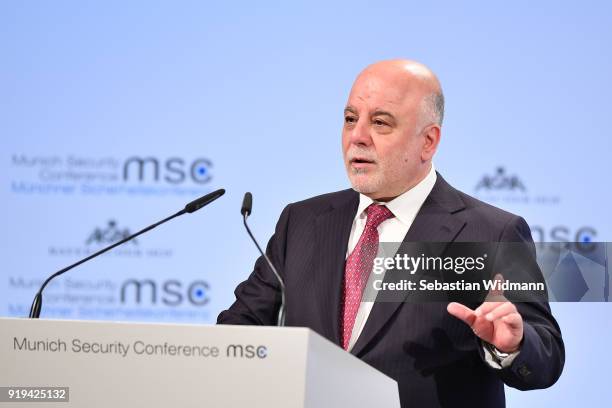 Haider Al-Abadi, Prime Minister of Iraq delivers a speech at the 2018 Munich Security Conference on February 17, 2018 in Munich, Germany. The annual...