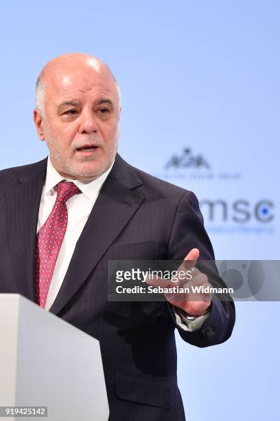 Haider Al-Abadi, Prime Minister of Iraq delivers a speech at the 2018 Munich Security Conference on February 17, 2018 in Munich, Germany. The annual...