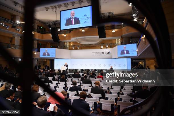 Haider Al-Abadi, Prime Minister of Iraq delivers a speech at the 2018 Munich Security Conference on February 17, 2018 in Munich, Germany. The annual...