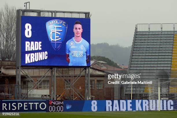 Banner for Rade Krunic of Empoli FC during the serie B match between FC Empoli and Parma Calcio at Stadio Carlo Castellani on February 17, 2018 in...