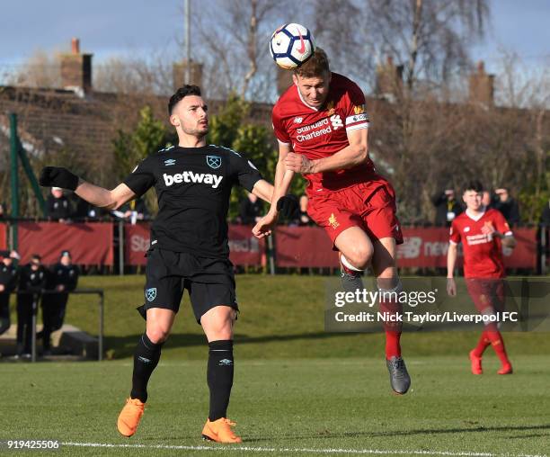 Herbie Kane of Liverpool and Sead Haksabanovic of West Ham United in action during the Liverpool v West Ham United PL2 game at The Kirkby Academy on...