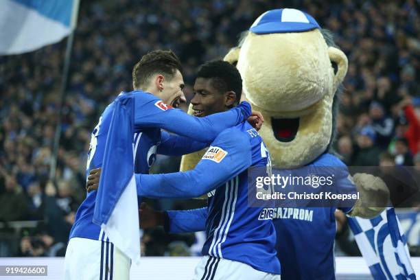 Leon Goretzka of Schalke celebrate a goal by Breel Embolo of Schalke which was later disallowed due to offside, during the Bundesliga match between...