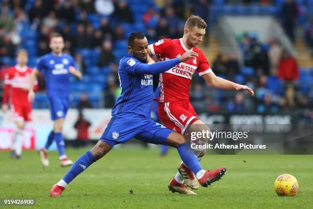 Loic Damour of Cardiff City challenges Grant Leadbitter of Middlesbrough during the Sky Bet Championship match between Cardiff City and Middlesbrough...