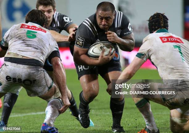 Brive's prop Sila Ki Vai Puafisi runs with the ball during the French Top 14 rugby union match CA Brive vs Pau on February 17, 2018 at the Amede...