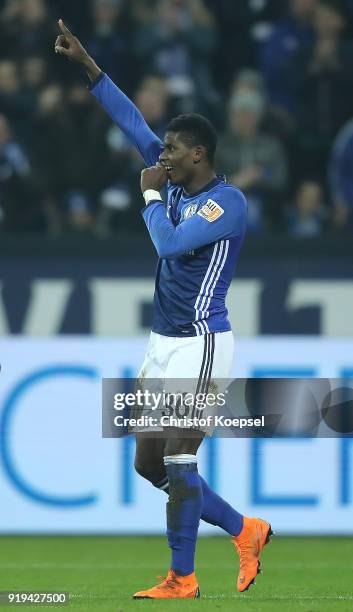 Breel Embolo of Schalke celebrates after he scored a goal to make it 2:0 during the Bundesliga match between FC Schalke 04 and TSG 1899 Hoffenheim at...