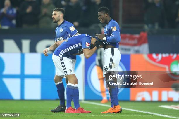 Breel Embolo of Schalke celebrates with Franco Di Santo of Schalke after he scored a goal to make it 2:0 during the Bundesliga match between FC...