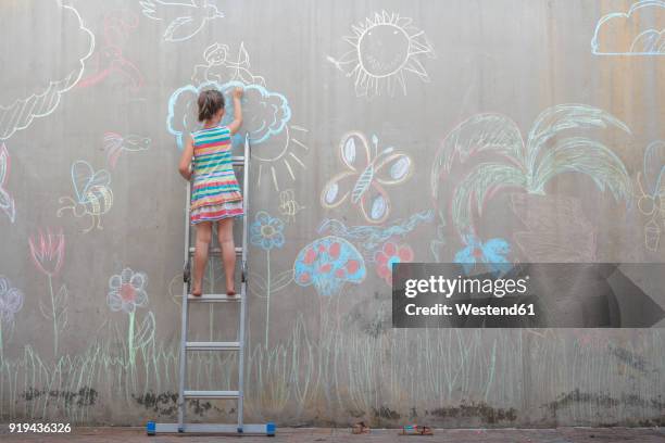 girl standing on ladder drawing colourful pictures with chalk on a concrete wall - flowers chalk drawings stock pictures, royalty-free photos & images