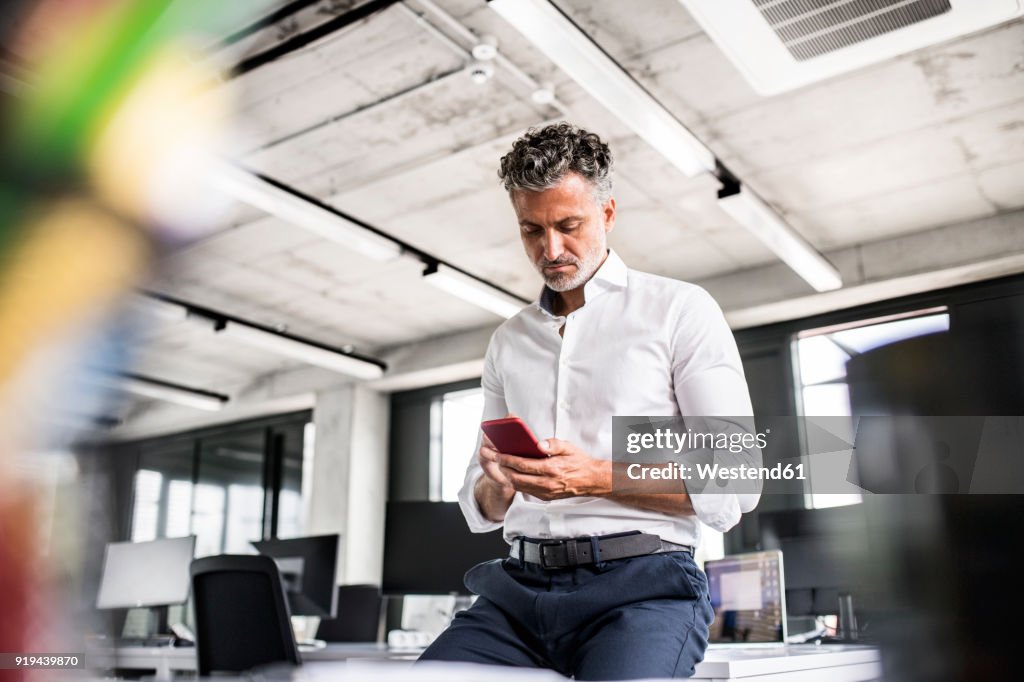 Mature businessman using cell phone in office