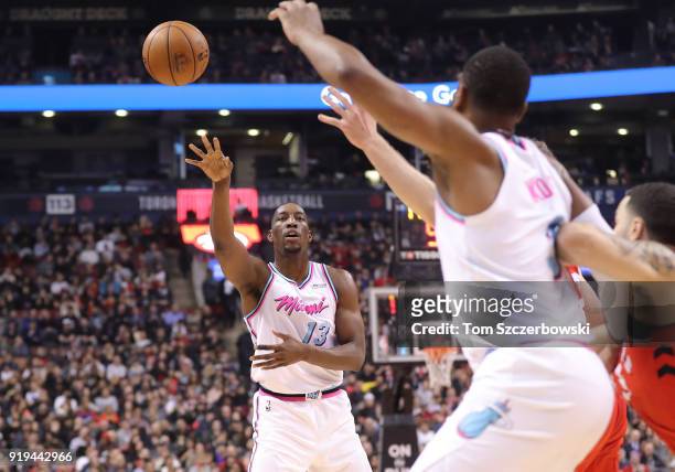 Bam Adebayo of the Miami Heat passes the ball against the Toronto Raptors at Air Canada Centre on February 13, 2018 in Toronto, Canada. NOTE TO USER:...