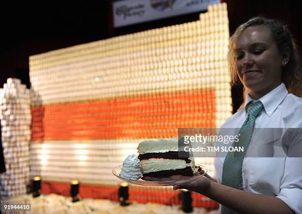 World record-sized sculpture made entirely of 30,000 Campbells soup in the shape of a slice of cheese cake on October 1, 2009 in the North East...