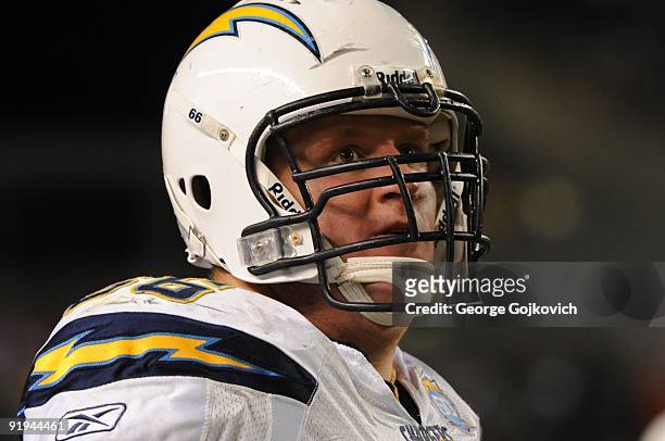 Offensive lineman Jeromey Clary of the San Diego Chargers looks on from the sideline during a game against the Pittsburgh Steelers at Heinz Field on...
