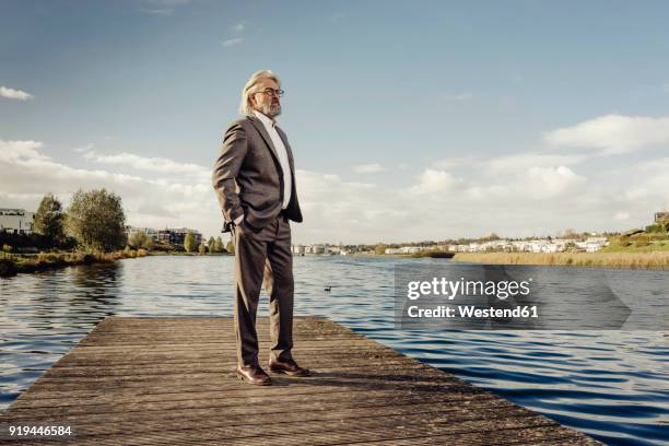 senior man standing on jetty at a lake - workforce revolution stock-fotos und bilder