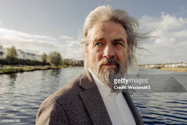 portrait of serious senior man at a lake - self doubt ストックフォトと画像