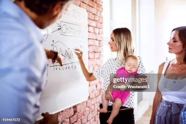 mother with baby working together with team on whiteboard at brick wall in office - children looking graph stock pictures, royalty-free photos & images