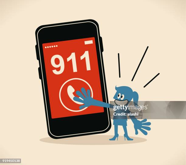 stockillustraties, clipart, cartoons en iconen met zakenvrouw te drukken (duwen, ontroerend, klikken) telefoon knop om te bellen 911, noodoproep - 911 cellphone