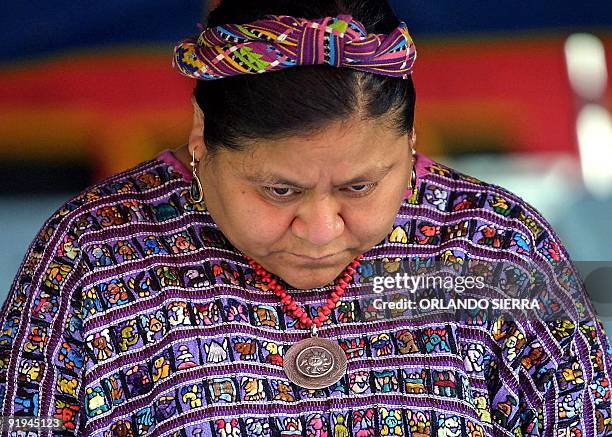 Rigoberta Menchú Tum participates in a Mayan religious ceremony 10 December in Chimaltenango, Guatemala. The ceremony marked the 10th anniversary of...