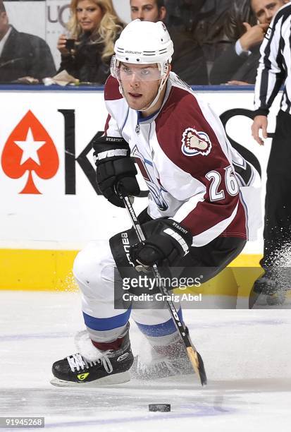 Paul Stastny of the Colorado Avalanche skates with the puck during game action against the Toronto Maple Leafs October 13, 2009 at the Air Canada...