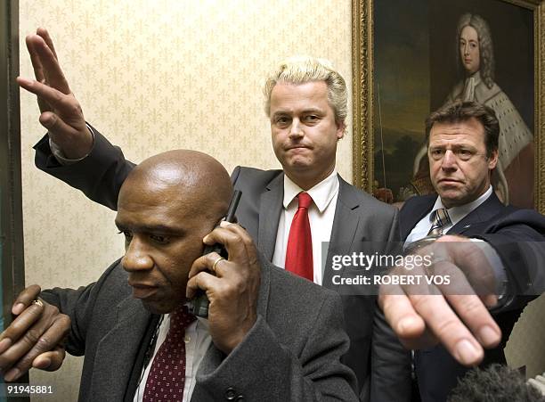 Dutch politician Geert Wilders arrives for a press conference in Westminster, central London, on October 16, 2009. A far-right Dutch lawmaker who...