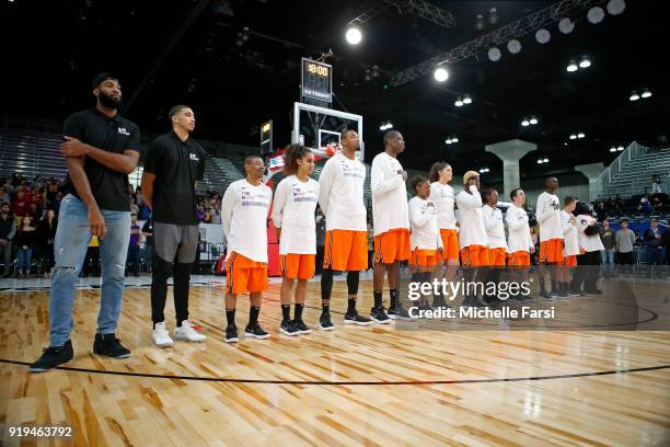Team Stars stand on the court for the National Anthem before the NBA Cares Unified Basketball Game as part of 2018 NBA All-Star Weekend at the Los...