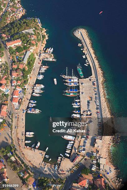 aerial view of harbour in kas, antalya, turkey - ali kabas stock pictures, royalty-free photos & images