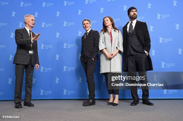 Rupert Everett, Emily Watson and Edwin Thomas pose at the 'The Happy Prince' photo call during the 68th Berlinale International Film Festival Berlin...