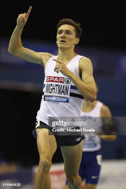 Jake Wightman of Edinburgh Athletic Club celebrates victory in the men's 1500m final during day one of the SPAR British Athletics Indoor...