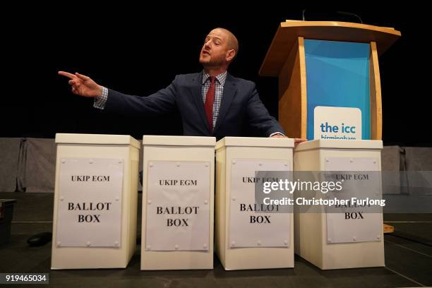 Interim Party Chairman Paul Oakden with ballot boxes is ready to be counted during the UKIP Extra-Ordinary Leadership Meeting at the International...