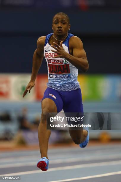 Chijindu Ujah of Enfield and Haringey Harriers during the men's 60m semi- final during day one of the SPAR British Athletics Indoor Championships at...