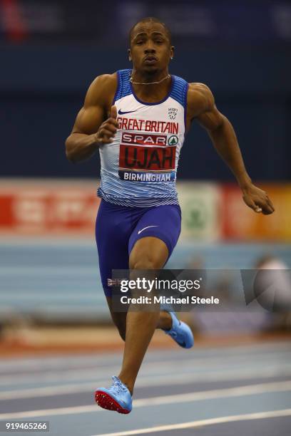 Chijindu Ujah of Enfield and Haringey Harriers during the men's 60m semi- final during day one of the SPAR British Athletics Indoor Championships at...