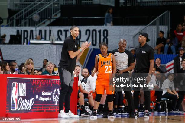 Jayson Tatum of the Boston Celtics coaches during the NBA Cares Unified Basketball Game as part of 2018 NBA All-Star Weekend at the Los Angeles...