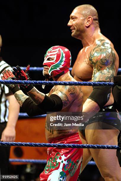 Wrestling fighters Rey Misterio and Batista during the WWE Smackdown wrestling function at Plaza Monumental Monterrey on October 15, 2009 in...