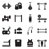 Fitness Icons. Black Flat Design. Vector Illustration.