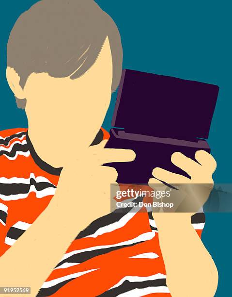 boy using hand held device - holding game controller stock illustrations