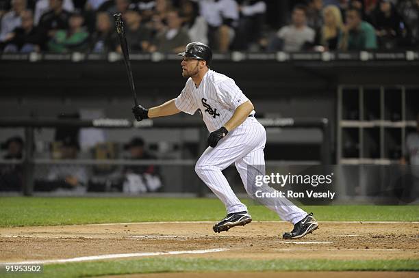 Mark Kotsay of the Chicago White Sox bats against the Minnesota Twins on September 21, 2009 at U.S. Cellular Field in Chicago, Illinois. The Twins...