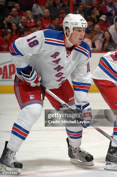 Marc Staal of the New York Rangers looks on before a face off during a NHL hockey game against the Washington Capitals on October 8, 2009 at the...