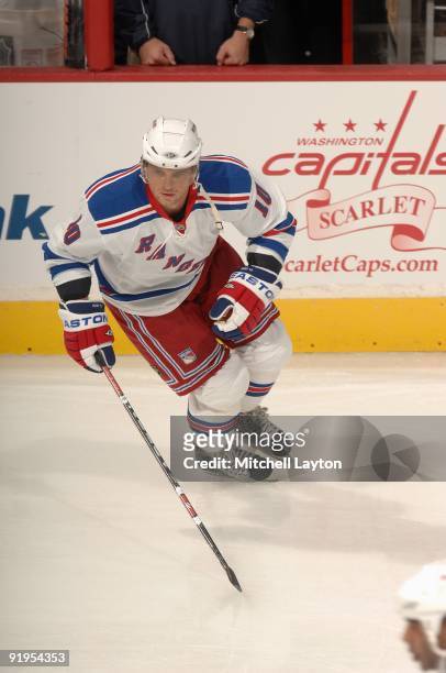 Marian Gaborik of the New York Rangers skates during warm ups of a NHL hockey game against the Washington Capitals on October 8, 2009 at the Verizon...