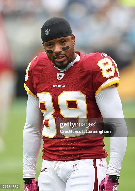 Santana Moss of the Washington Redskins relaxes during a timeout in the game against the Carolina Panthers at Bank of America Stadium on October 11,...