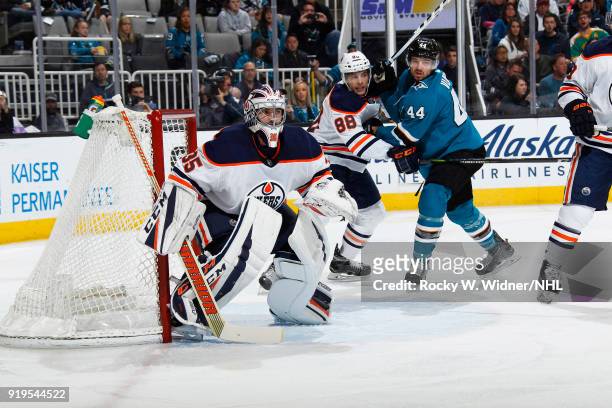 Al Montoya of the Edmonton Oilers defends the net against the San Jose Sharks at SAP Center on February 10, 2018 in San Jose, California.