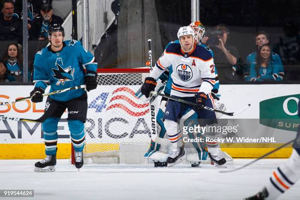 Milan Lucic of the Edmonton Oilers skates against the San Jose Sharks at SAP Center on February 10, 2018 in San Jose, California.