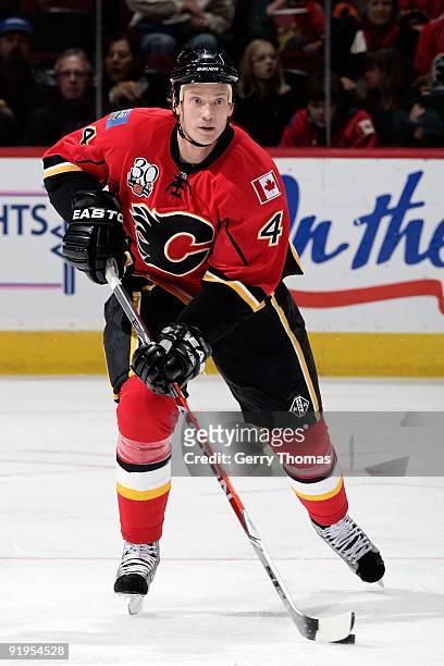 Jay Bouwmeester of the Calgary Flames skates against the Dallas Stars on October 9, 2009 at Pengrowth Saddledome in Calgary, Alberta, Canada. The...