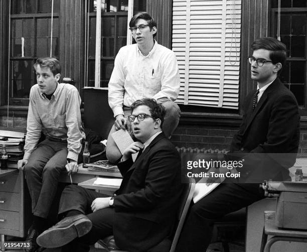 Staff members of the Michigan Daily at the University of Michigan, left to right Ken Winter, Harvey Wasserman, Bruce Wasserstein and Mark...