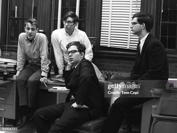 Staff members of the Michigan Daily at the University of Michigan, left to right Ken Winter, Harvey Wasserman, Bruce Wasserstein and Mark...