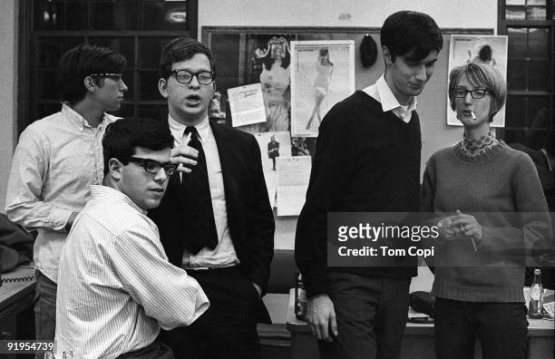 Staff members of the Michigan Daily at the University of Michigan, left to right Harvey Wasserman, unknown, Bruce Wasserstein , Roger Rapoport and...