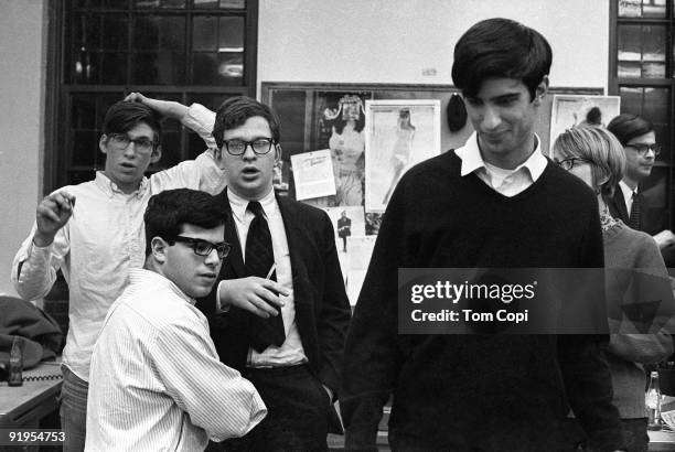 Staff members of the Michigan Daily at the University of Michigan, left to right Harvey Wasserman, unknown, Bruce Wasserstein , Roger Rapoport,...