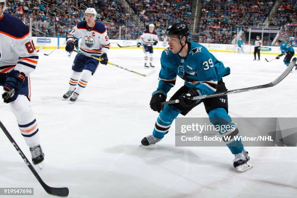 Logan Couture of the San Jose Sharks skates against the Edmonton Oilers at SAP Center on February 10, 2018 in San Jose, California.