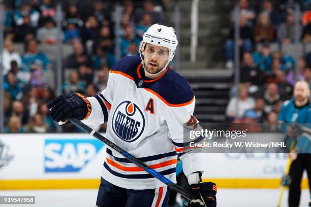 Kris Russell of the Edmonton Oilers skates against the San Jose Sharks at SAP Center on February 10, 2018 in San Jose, California.