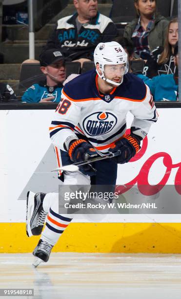Anton Slepyshev of the Edmonton Oilers skates against the San Jose Sharks at SAP Center on February 10, 2018 in San Jose, California.